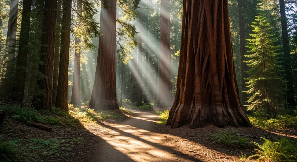 Spring trail through giant sequoias in Calaveras County