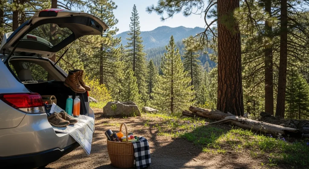 Spring road trip setup for visiting Calaveras Big Trees near Arnold