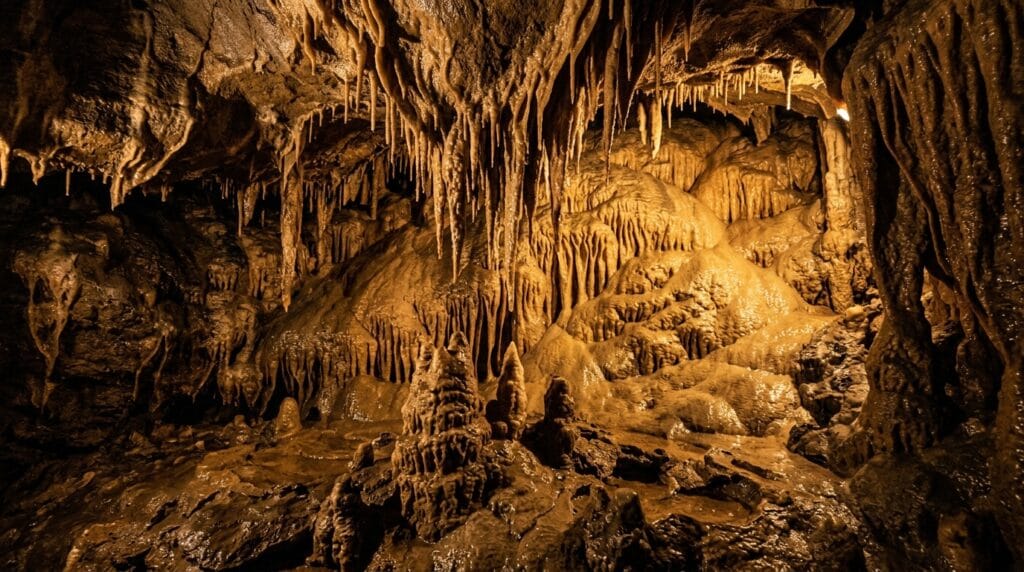Limestone formations inside a Calaveras County cave tour