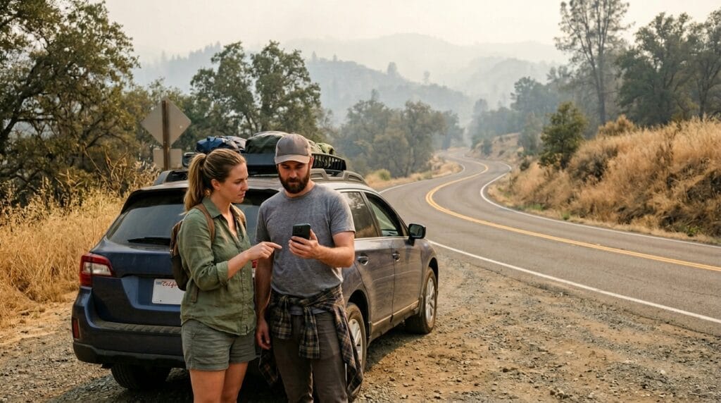 Travelers checking smoke and road conditions before a Calaveras County trip