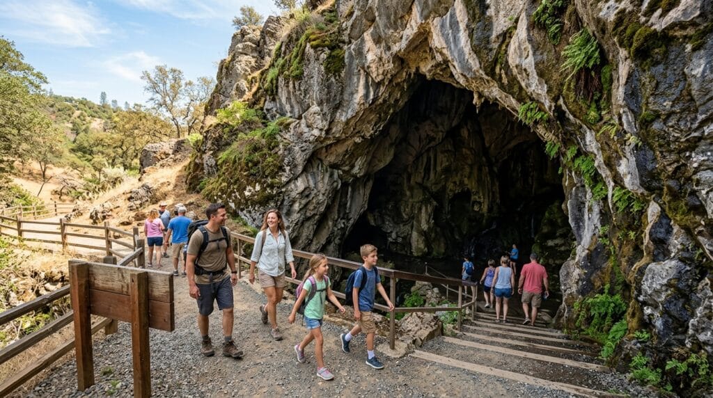 Visitors cooling down with a Calaveras County cave tour in summer