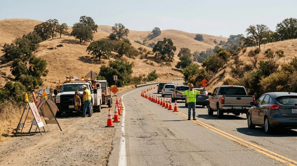 Temporary highway construction and one-way traffic control in California's Sierra foothills